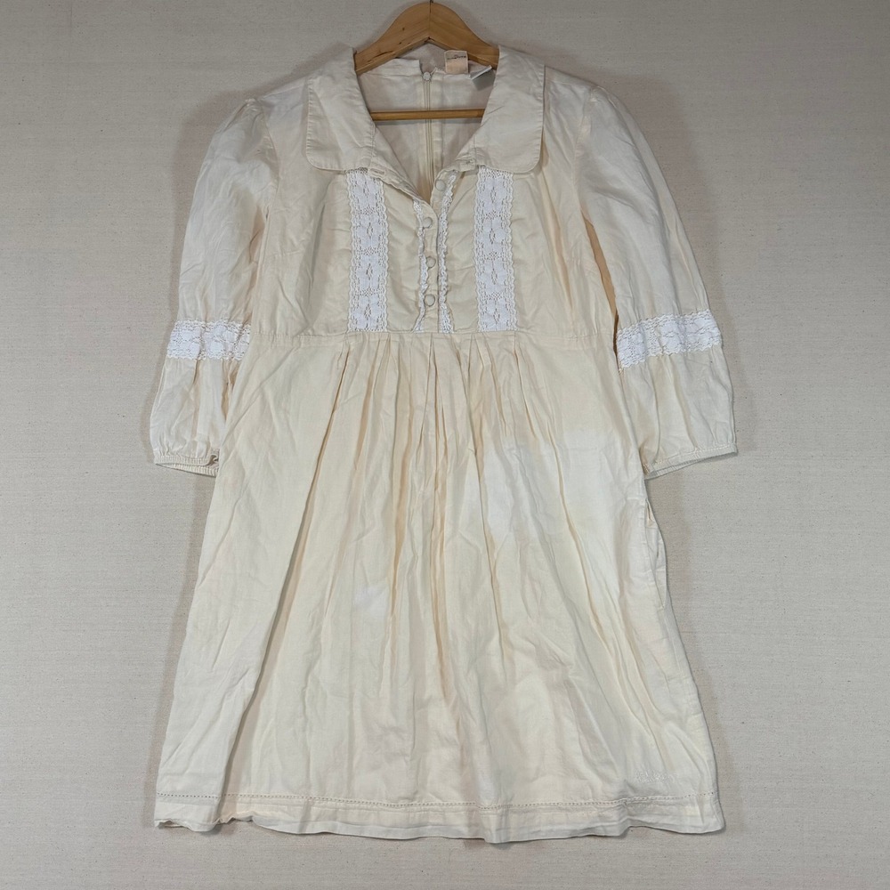 Billabong Cream Cotton Lace Trim Babydoll Dress Peter Pan Collar Large surfer